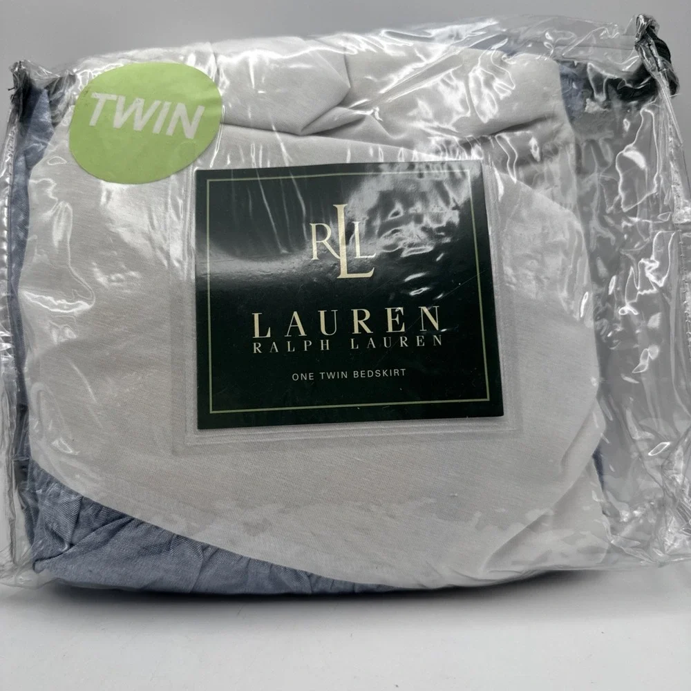 Vintage 90s Ralph Lauren Bedskirt Dust Ruffle TWIN Size Chambray Blue USA Cotton